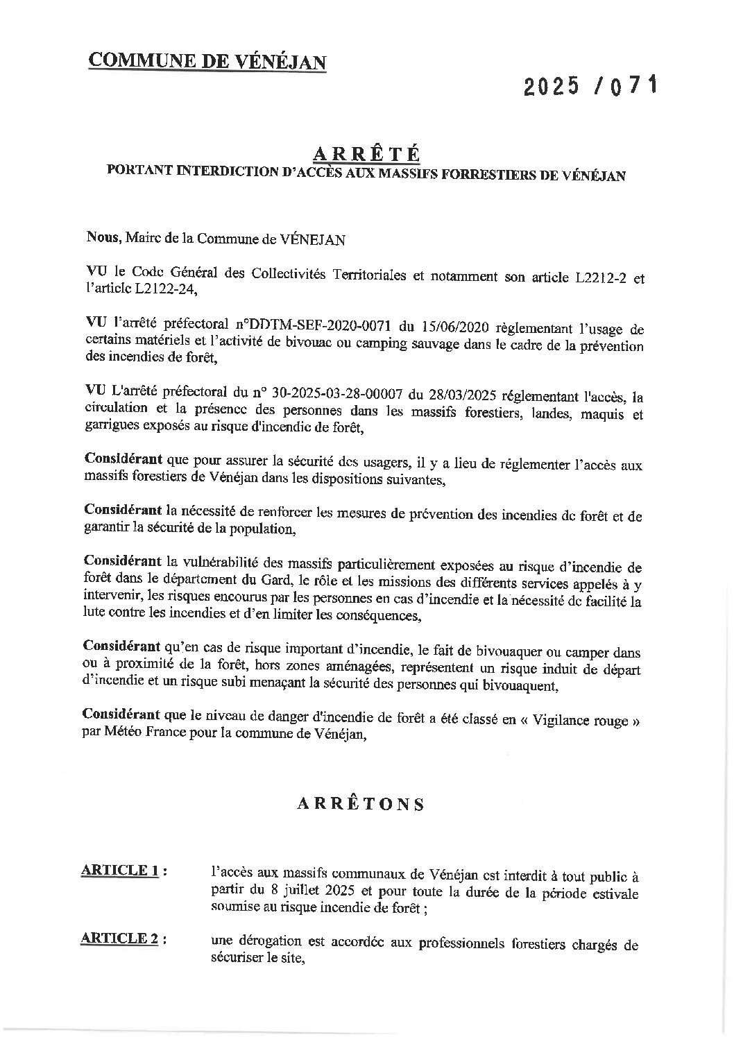 Aperçu du fichier Arrêté 2025/071 – Interdiction d’accès aux massifs forestiers 